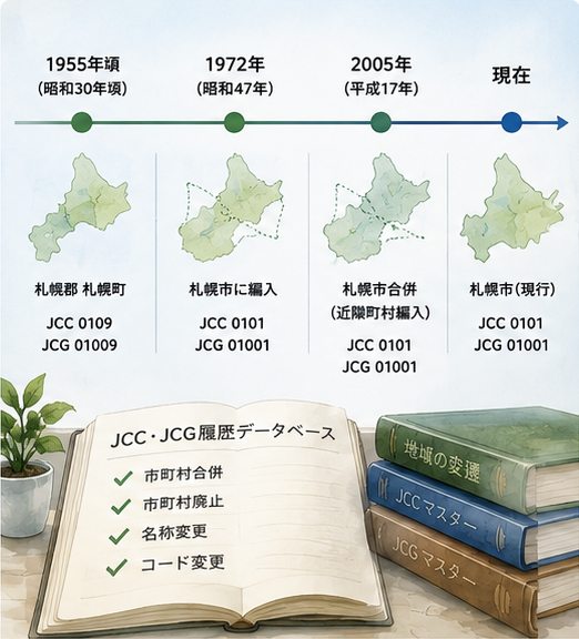 市町村の変遷とJCC・JCGの履歴を管理するイメージ