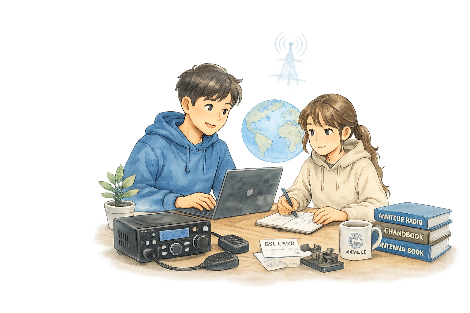 無線機とノートパソコンを使ってアマチュア無線を楽しむ学生たちのイラスト