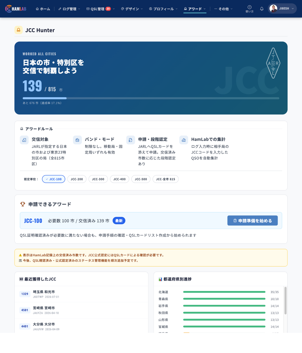 HamLab 2.0のJCC Hunterアワード画面