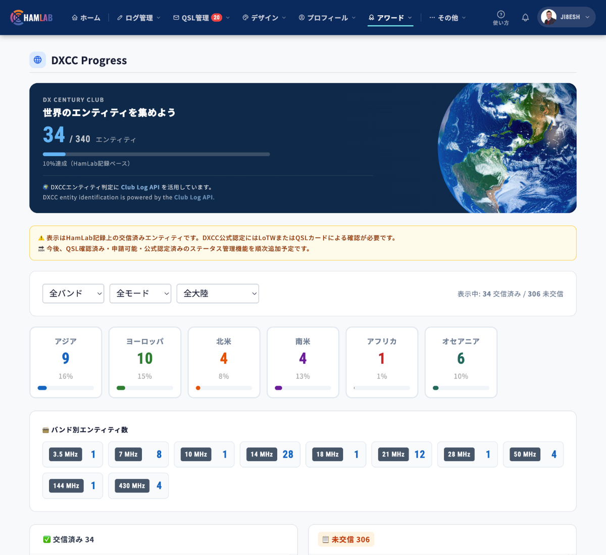 DXCCの達成状況を確認できるHamLab 2.0の進捗画面